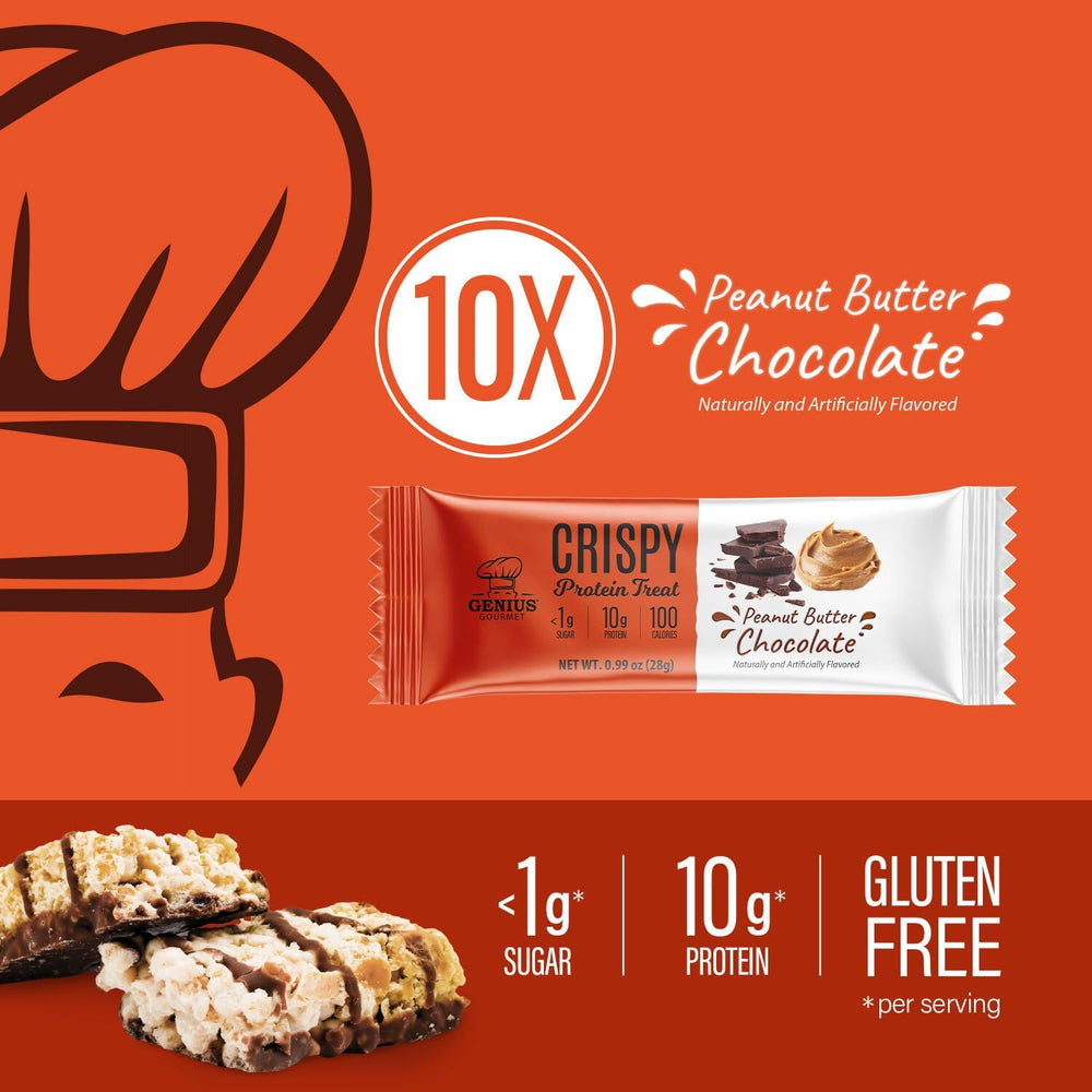Genius Gourmet bar close-up shows 10g whey protein per serving for a protein boost.