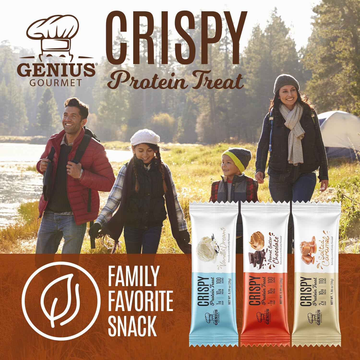 Genius Gourmet Crispy Protein Treat 10g whey protein claim and keto compatibility label.