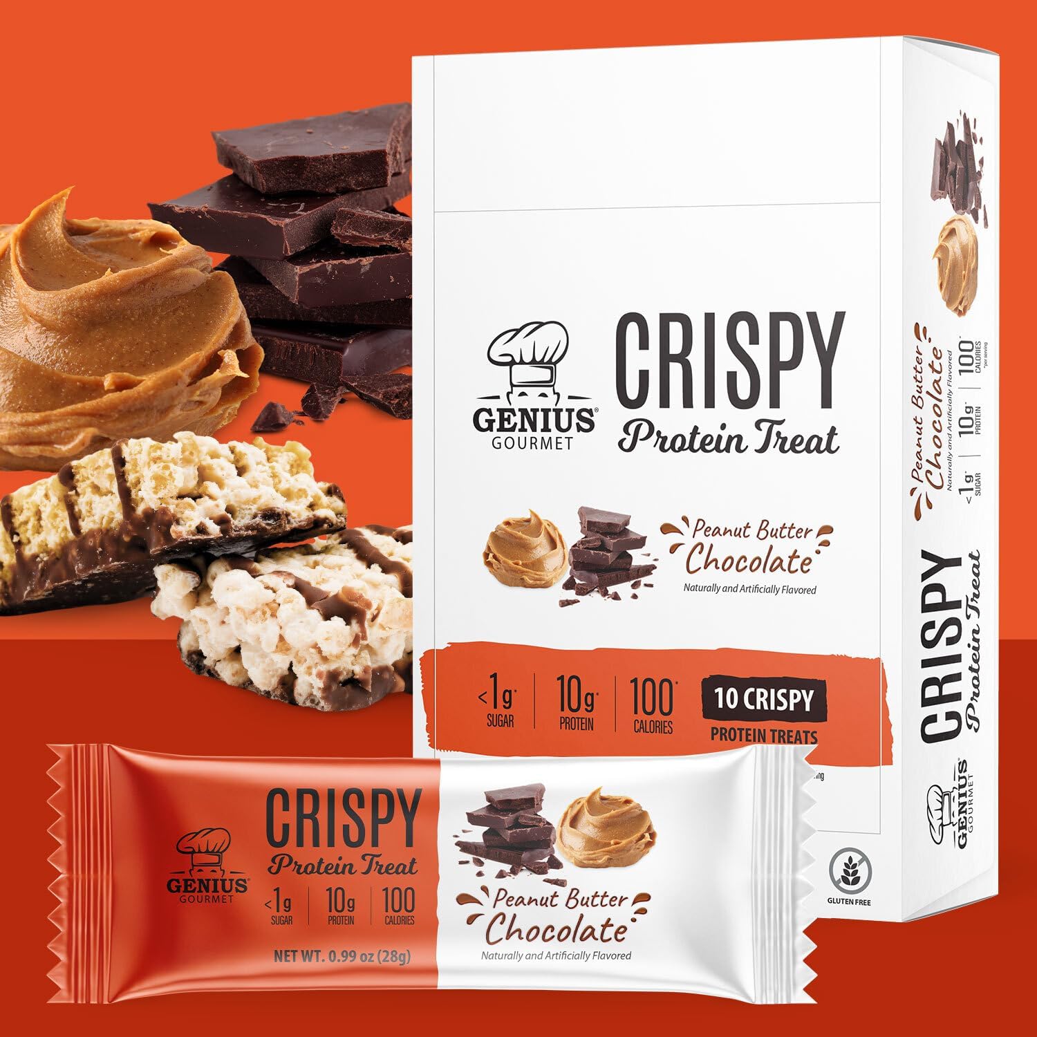 Genius Gourmet Crispy Protein Treat bar close-up crisp texture for a convenient keto snack.