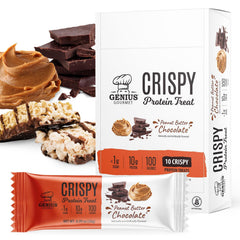 Genius Gourmet Crispy Protein Treat chocolate peanut butter bar close-up highlights crisp texture and satisfying indulgence.