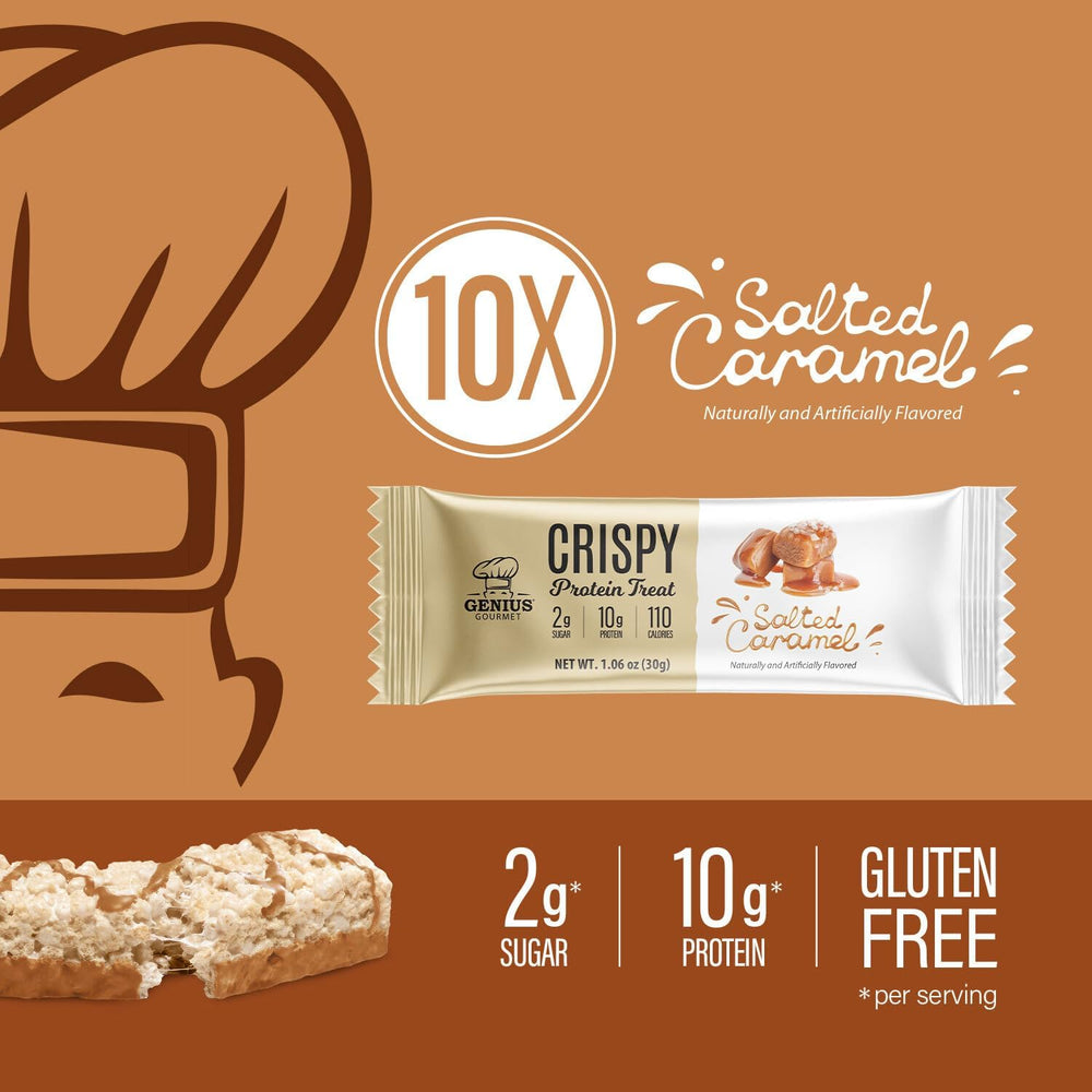 Genius Gourmet Crispy Protein Treat on desk snack to curb midday hunger responsibly.