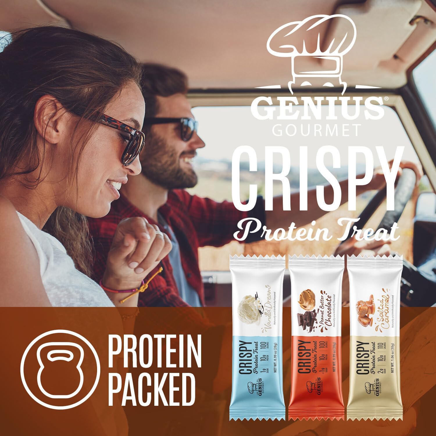 Genius Gourmet Crispy Protein Treat gluten-free label emphasizing allergy-friendly snack.