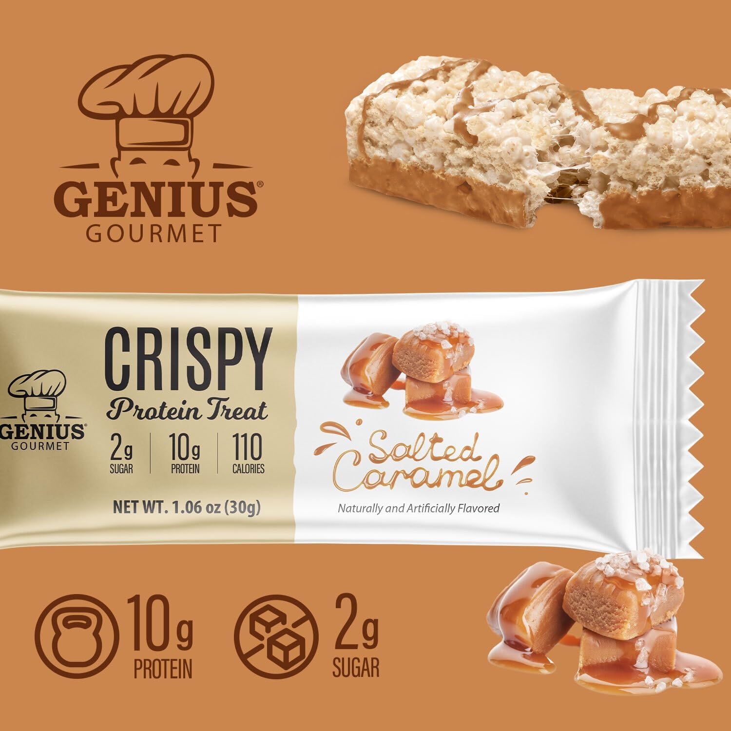 Genius Gourmet Crispy Protein Treat packaging front showcasing gluten-free, low-sugar keto snack.