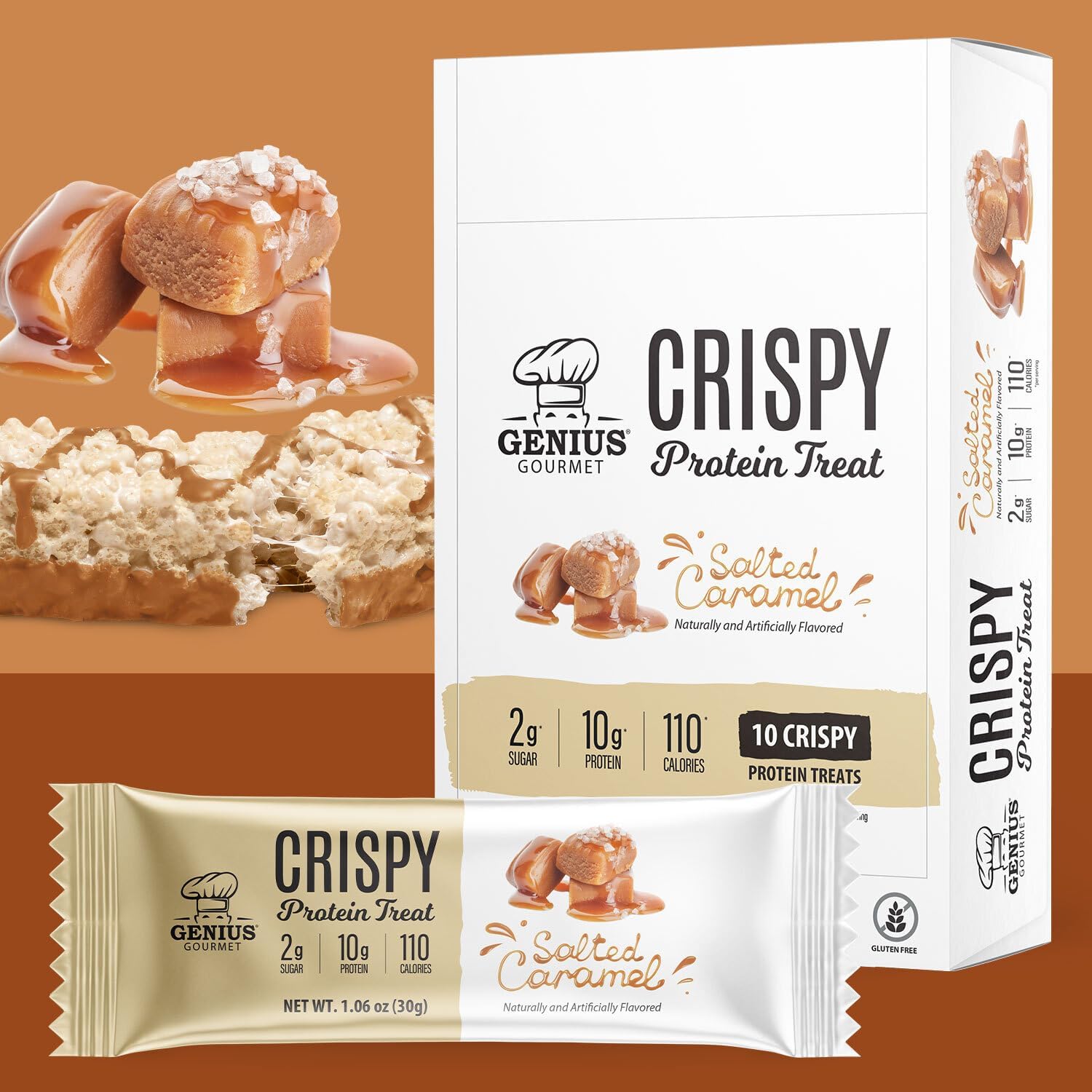 Genius Gourmet Crispy Protein Treat Salted Caramel close-up highlighting texture and crunchy consistency.