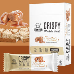 Genius Gourmet Crispy Protein Treat Salted Caramel close-up highlighting texture and crunchy consistency.
