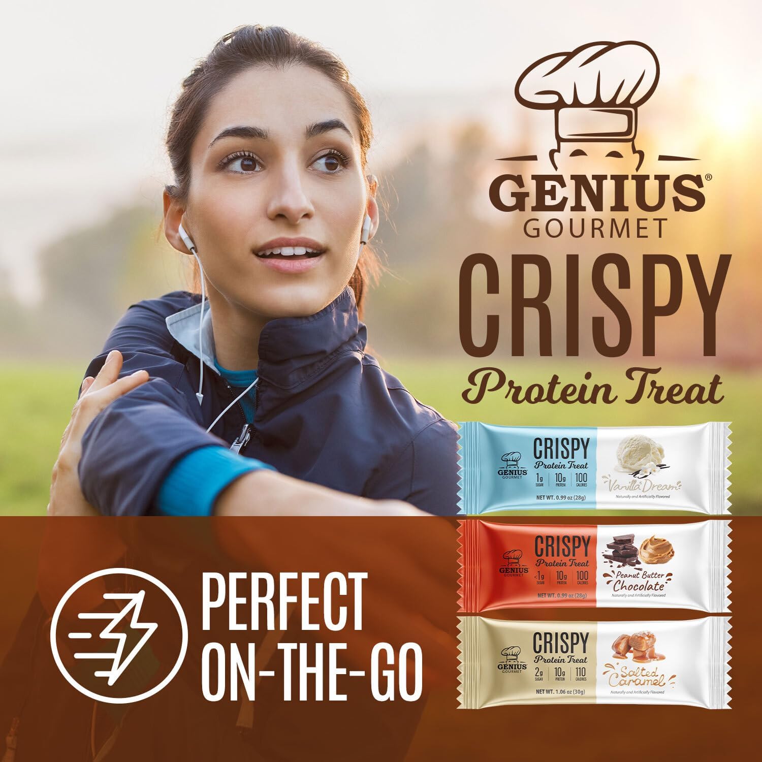 Genius Gourmet Crispy Protein Treat salted caramel ingredients close-up with whey protein note.