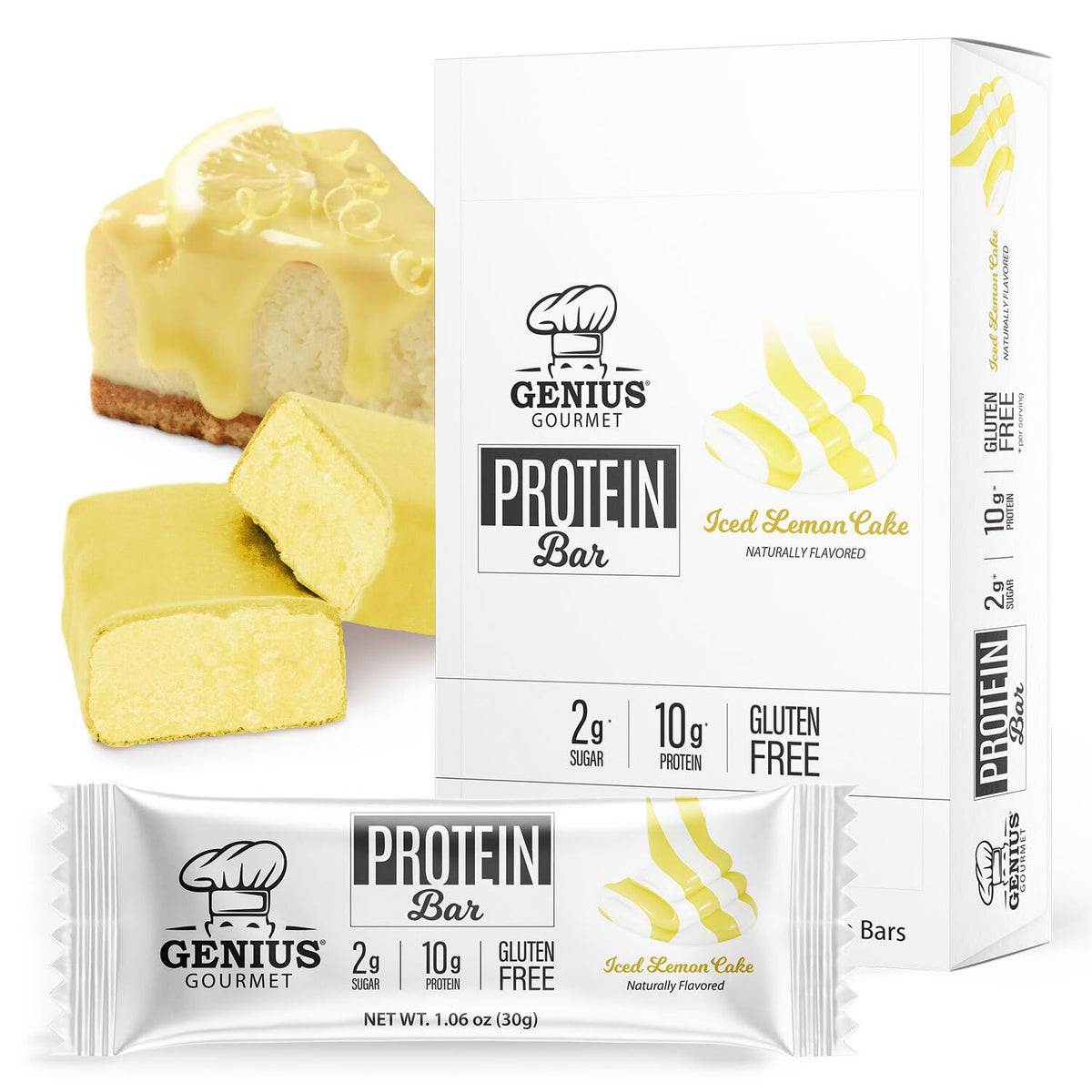 Genius Gourmet Iced Lemon Cake Bar front view, high-protein snack