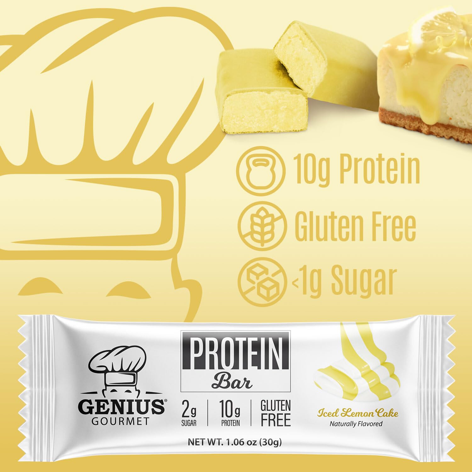 Genius Gourmet Iced Lemon Cake Bar nutrition panel highlighting 10g protein