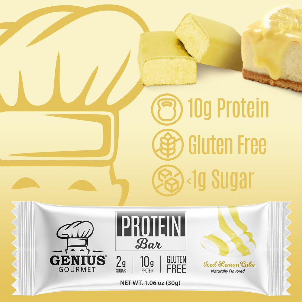 Genius Gourmet Iced Lemon Cake Bar nutrition panel highlighting 10g protein