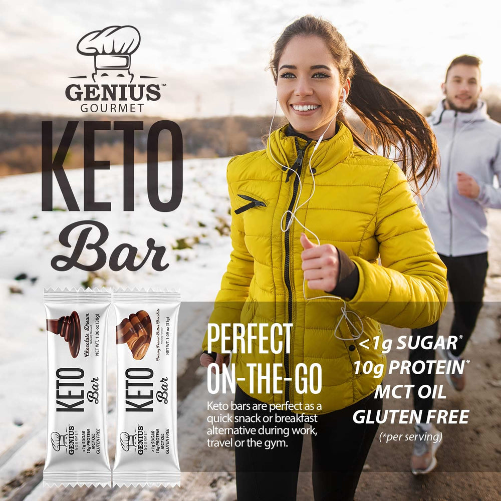Genius Gourmet Keto Bar nutrition label emphasizing 1 g sugar and 2 g net carbs