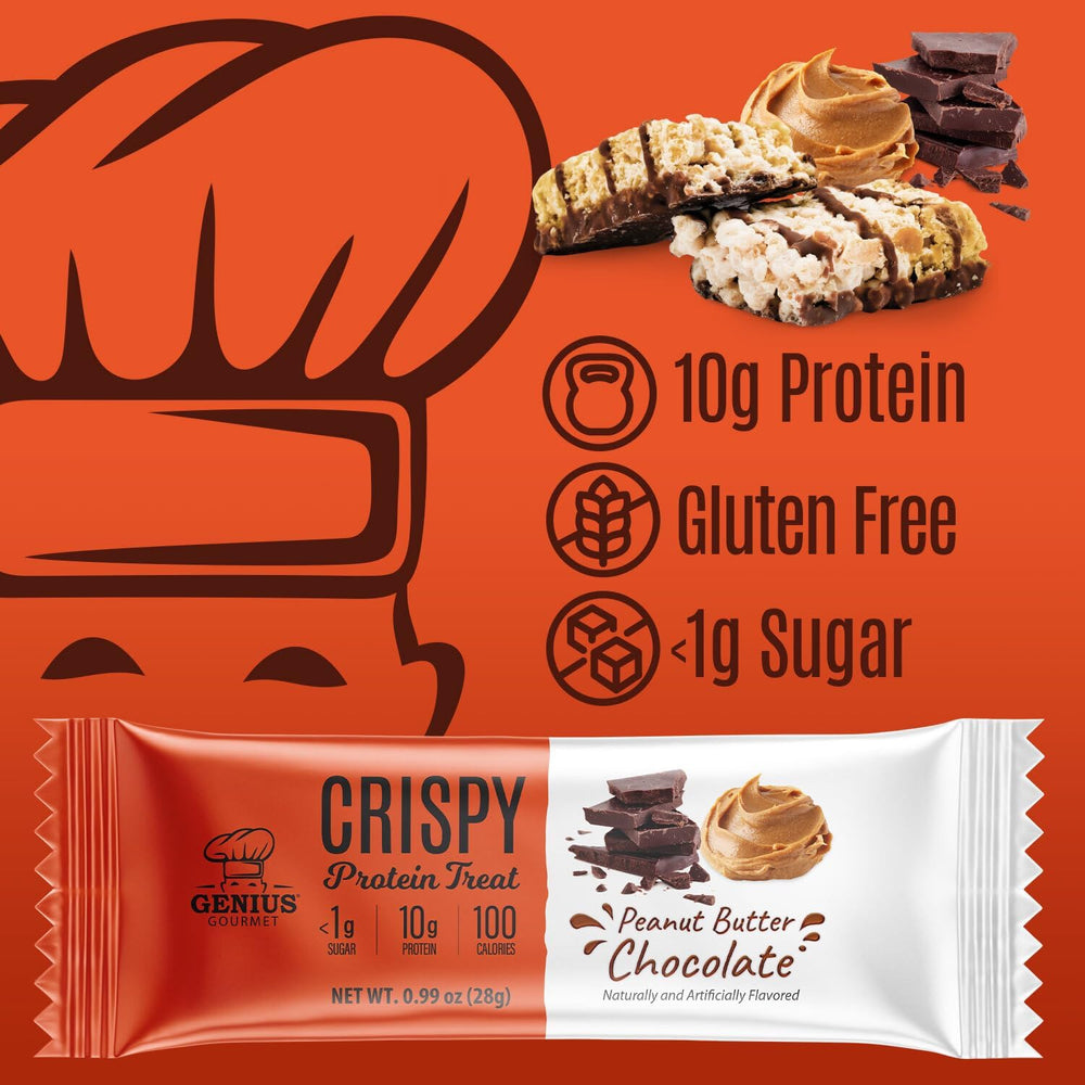 Genius Gourmet Crispy Protein Treat on desk illustrates a portable low-sugar snack option.