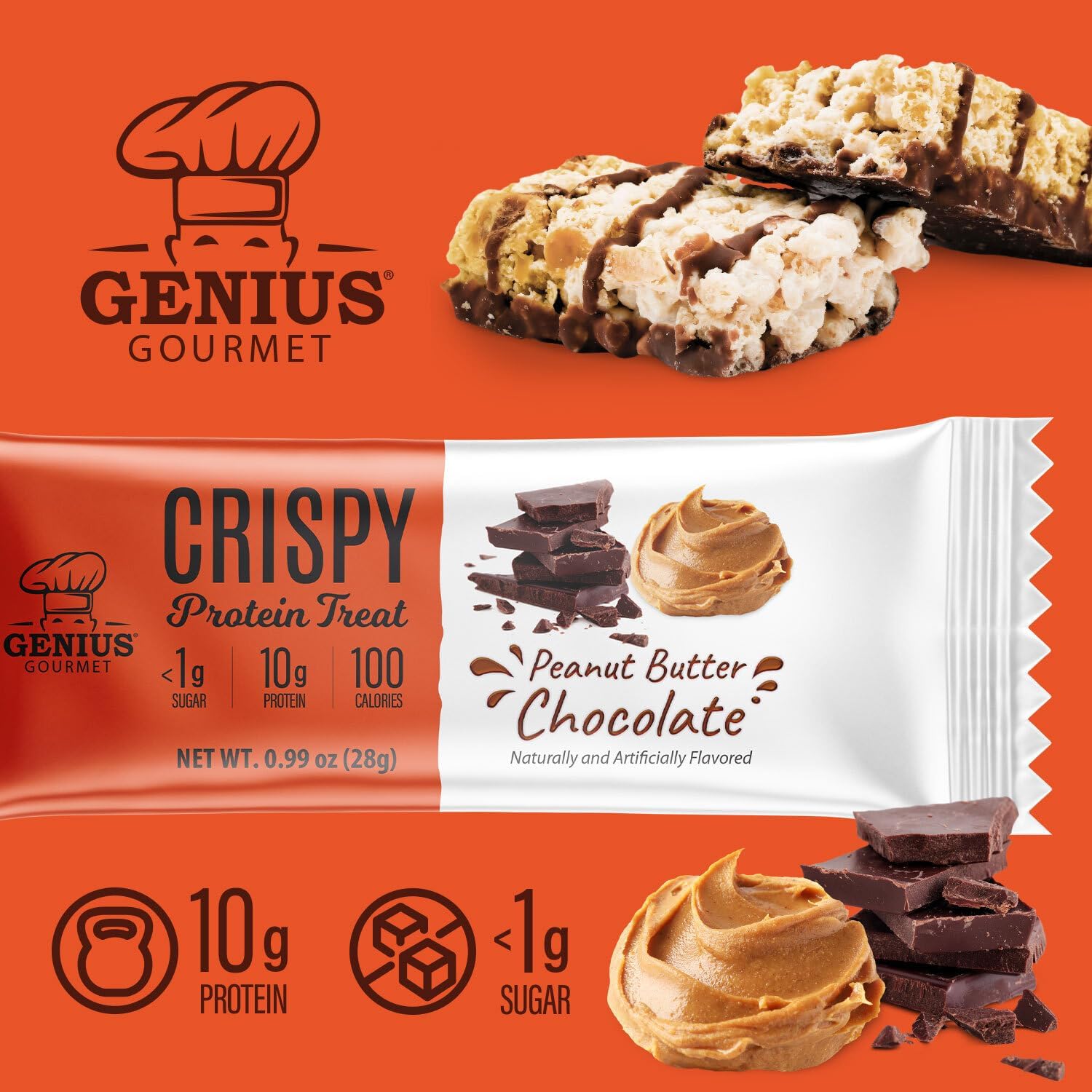 Genius Gourmet low sugar and 2g sugar note in the bar image for mindful snacking.