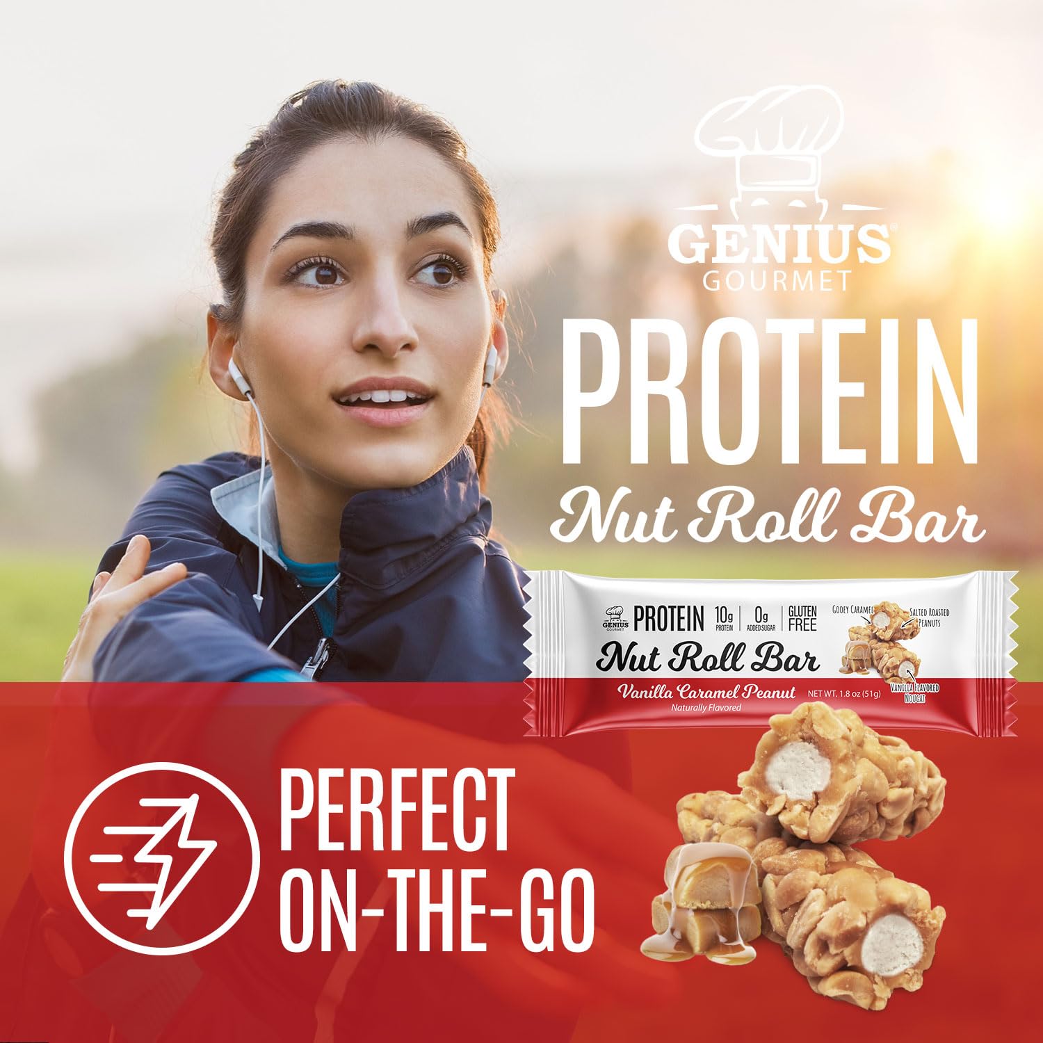 Genius Gourmet Nut Roll Bars on a kitchen counter ready for a post-workout snack.