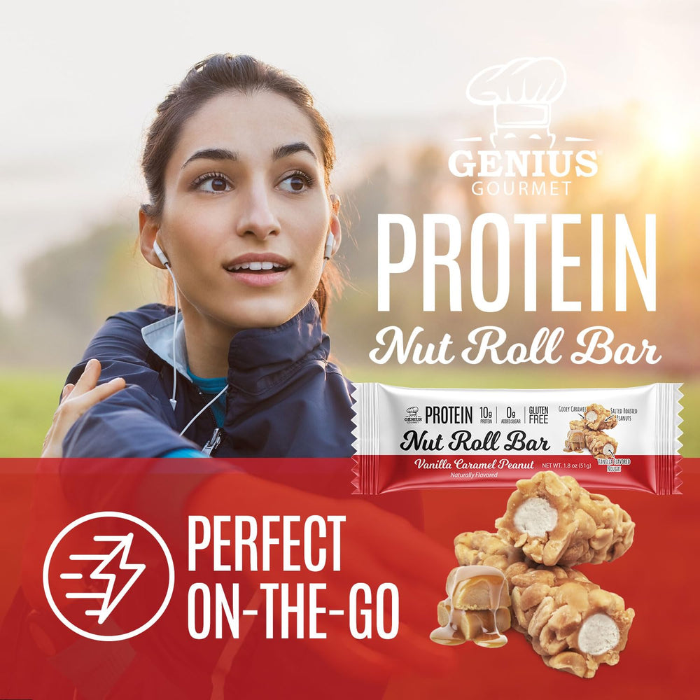 Genius Gourmet Nut Roll Bars on a kitchen counter ready for a post-workout snack.