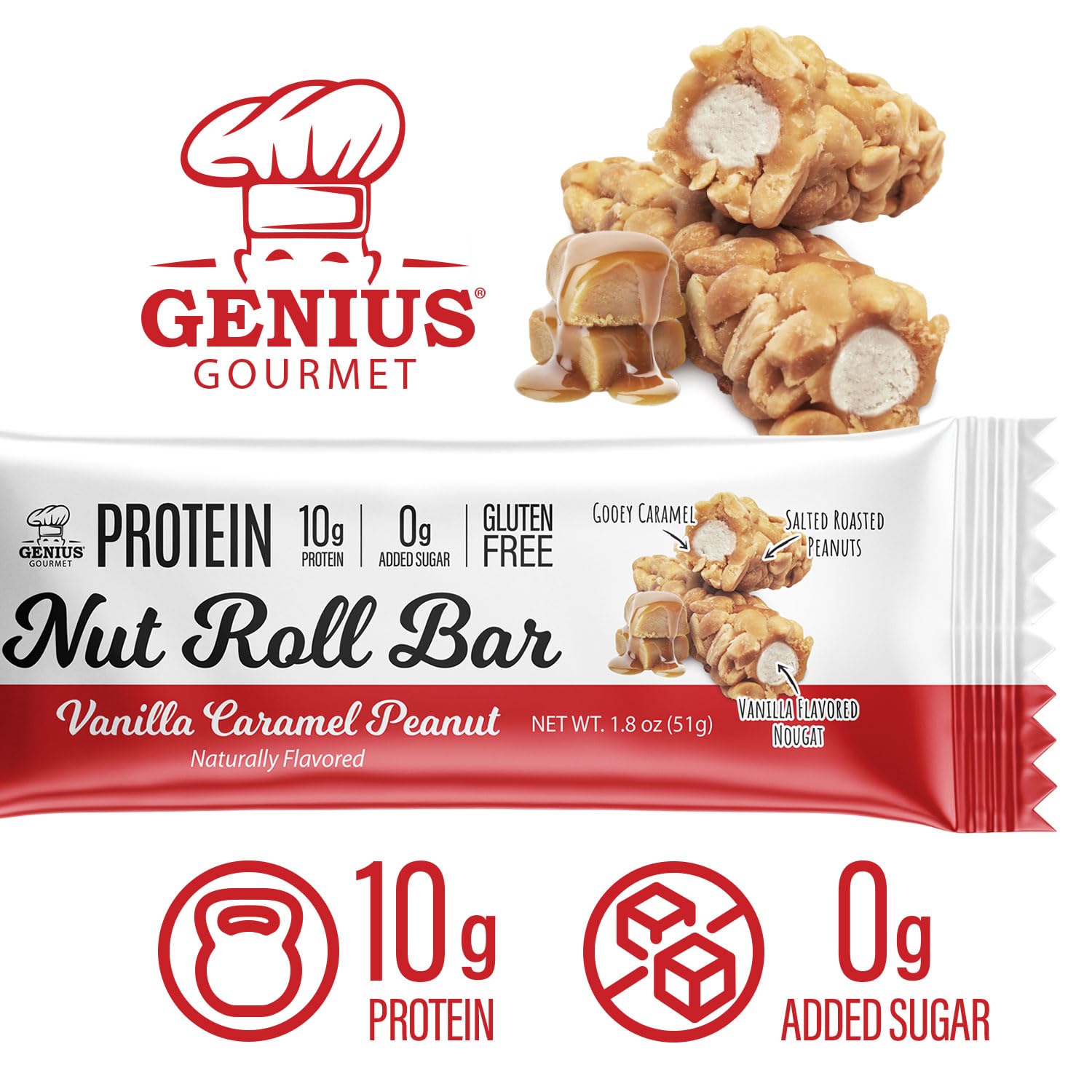 Genius Gourmet Nut Roll Bars ingredients close-up emphasizing whey protein isolate and natural flavors.