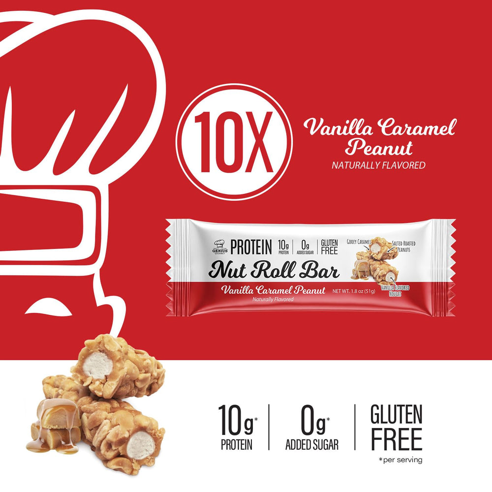 Genius Gourmet Nut Roll Bars pack open showing single-serve bar for on-the-go.