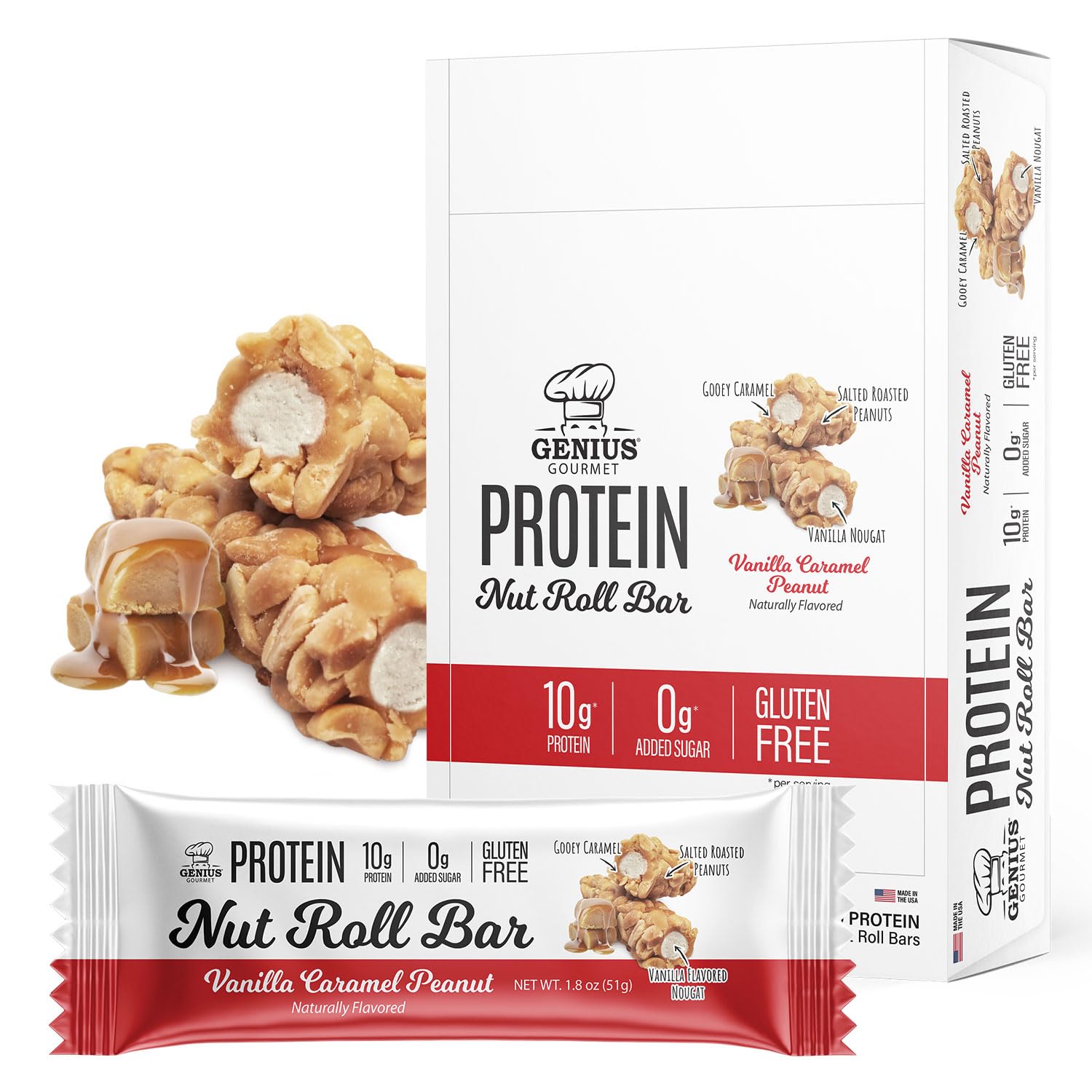 Genius Gourmet Nut Roll Bars pack showing vanilla caramel peanut flavor, a protein-rich gluten-free snack.