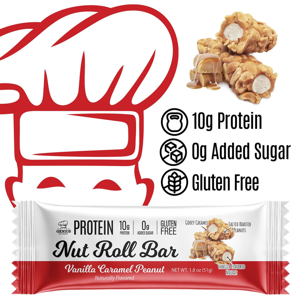 Genius Gourmet Nut Roll Bars texture close-up highlights caramel goo and peanut crunch.