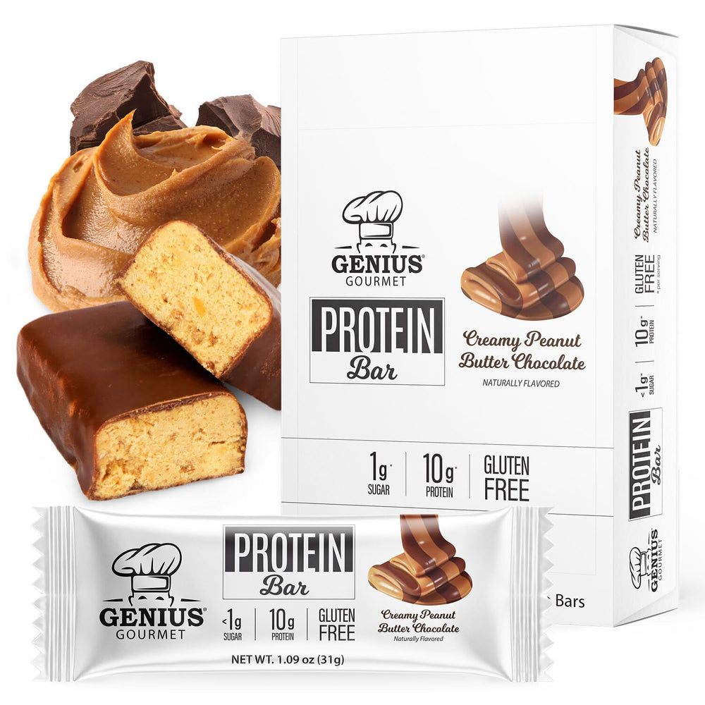 Genius Gourmet Protein Bar Chocolate Peanut Butter on-the-go wrapper for quick protein