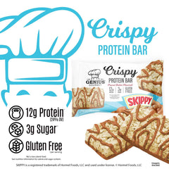 Genius Gourmet SKIPPY 12g protein graphic communicates a high-protein on-the-go option.