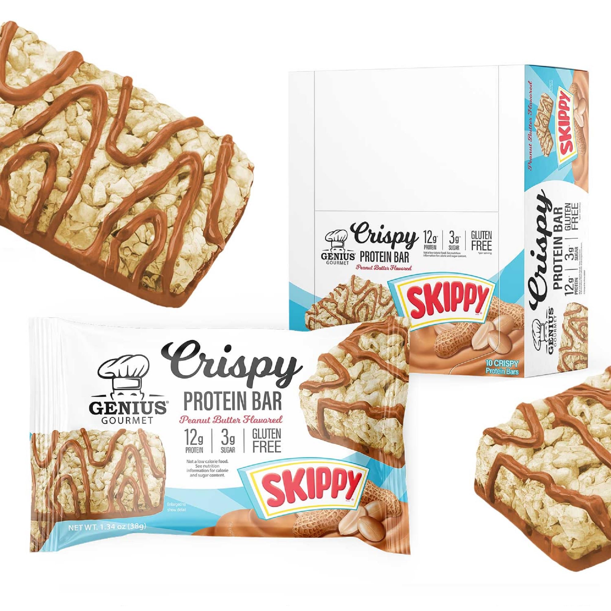 Genius Gourmet SKIPPY crispy bar unwrapped, ready for a quick, protein-packed snack.