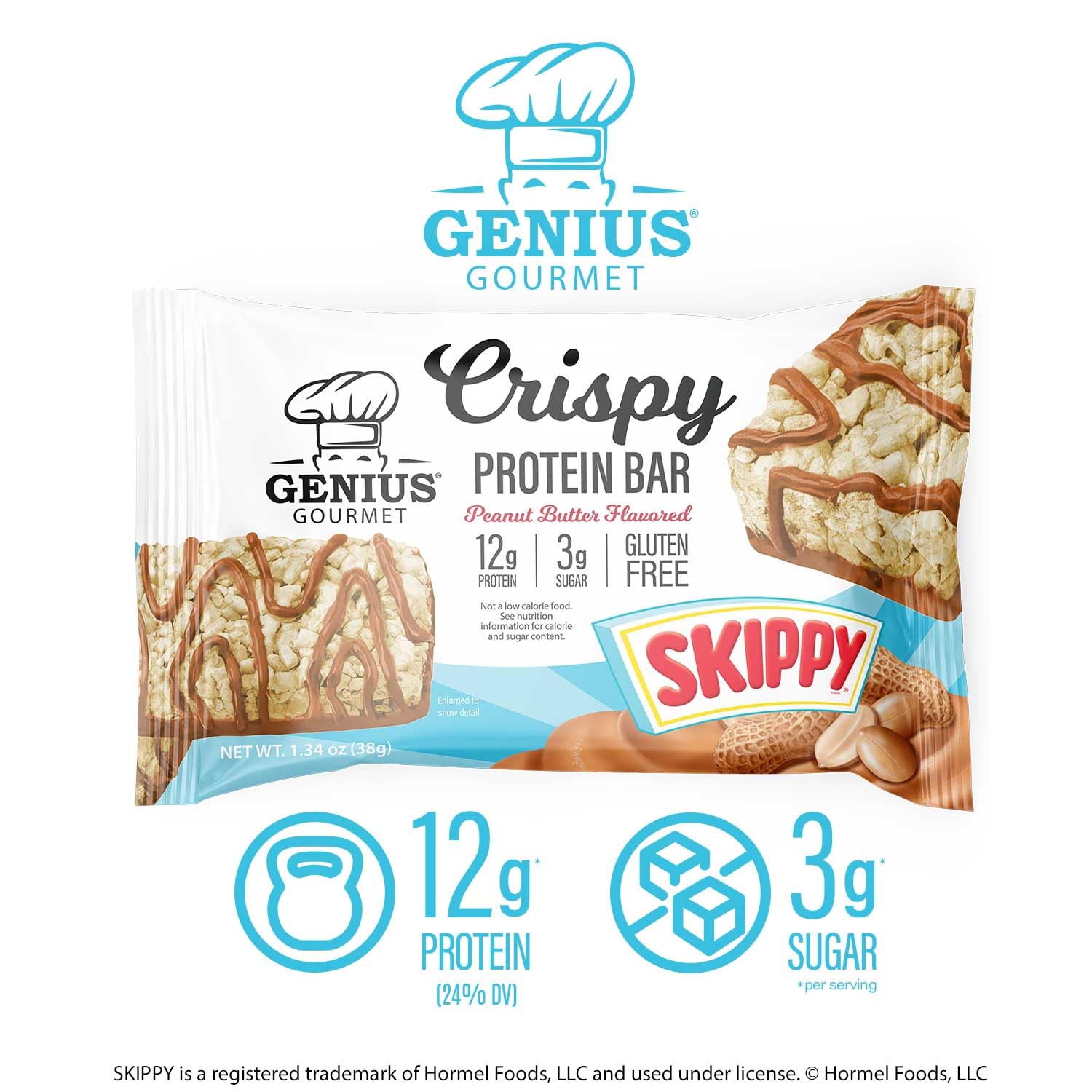 Genius Gourmet SKIPPY gluten-free label indicating a gluten-free snack option.
