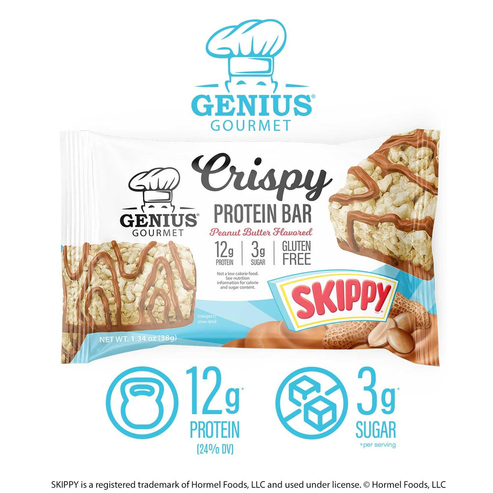 Genius Gourmet SKIPPY gluten-free label indicating a gluten-free snack option.