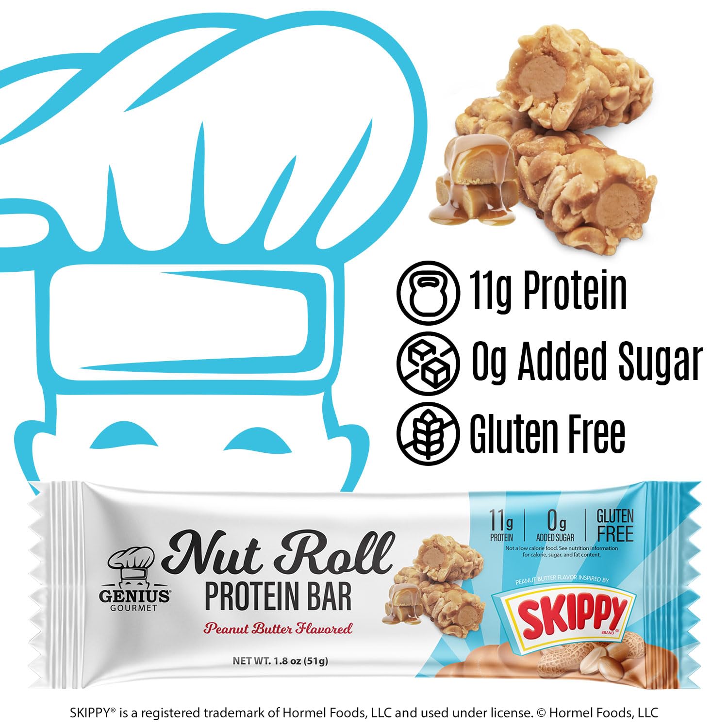 Genius Gourmet SKIPPY bar caramel coating detail boosts flavor appeal