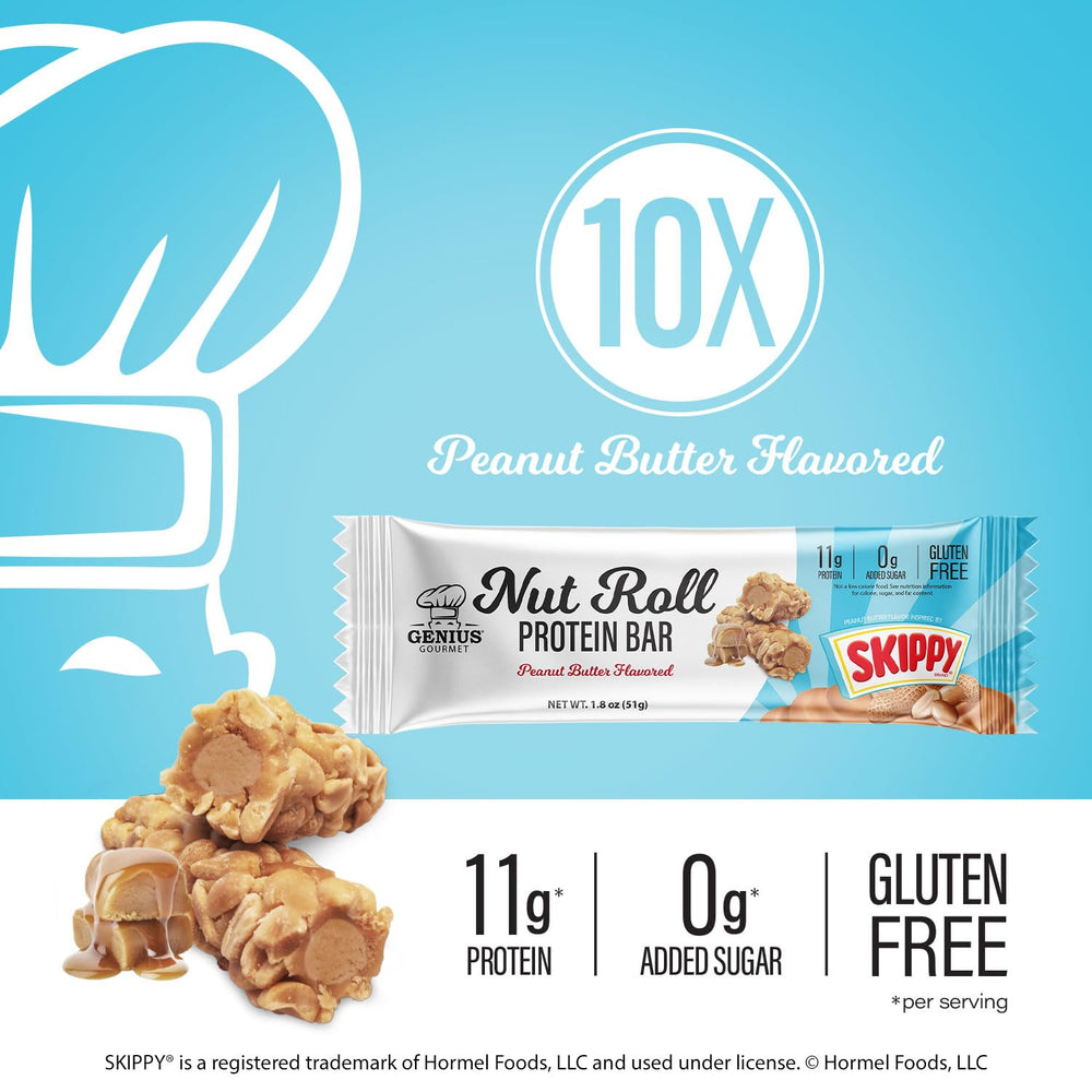 Genius Gourmet SKIPPY bar creamy center cross-section showcases protein bite