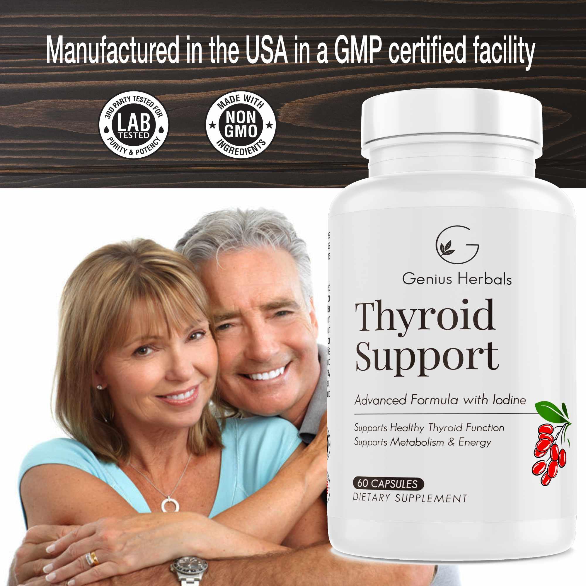 GENIUS HERBALS Thyroid Support packaging box emphasizes USA-made quality you can trust.