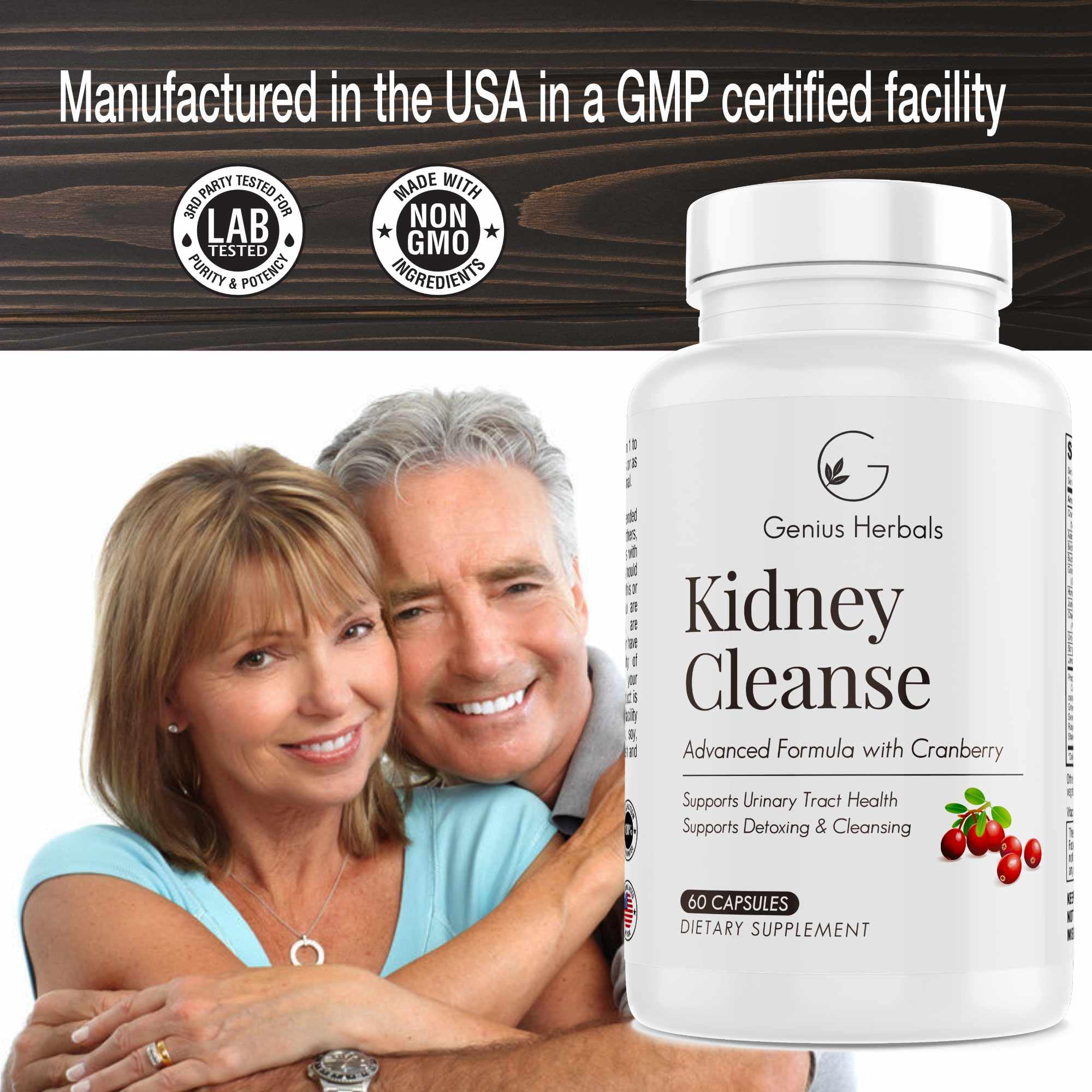 GENIUS HERBALS USA-made facility label signals GMP quality.