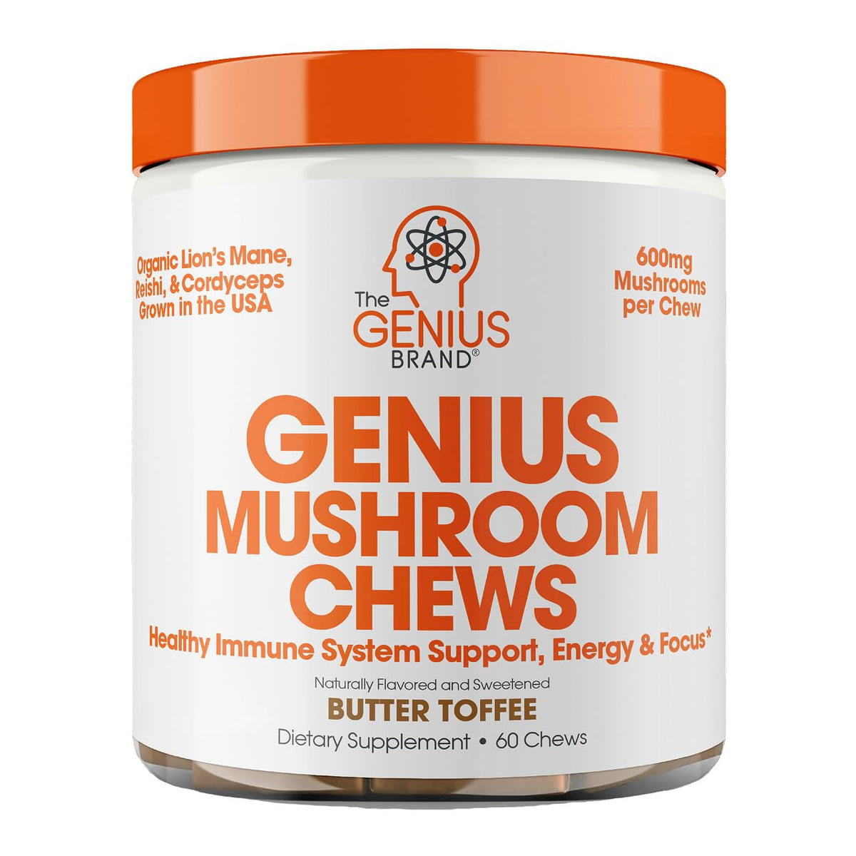 The Genius Brand Genius Mushroom bottle close-up with butter-toffee chews for natural energy.