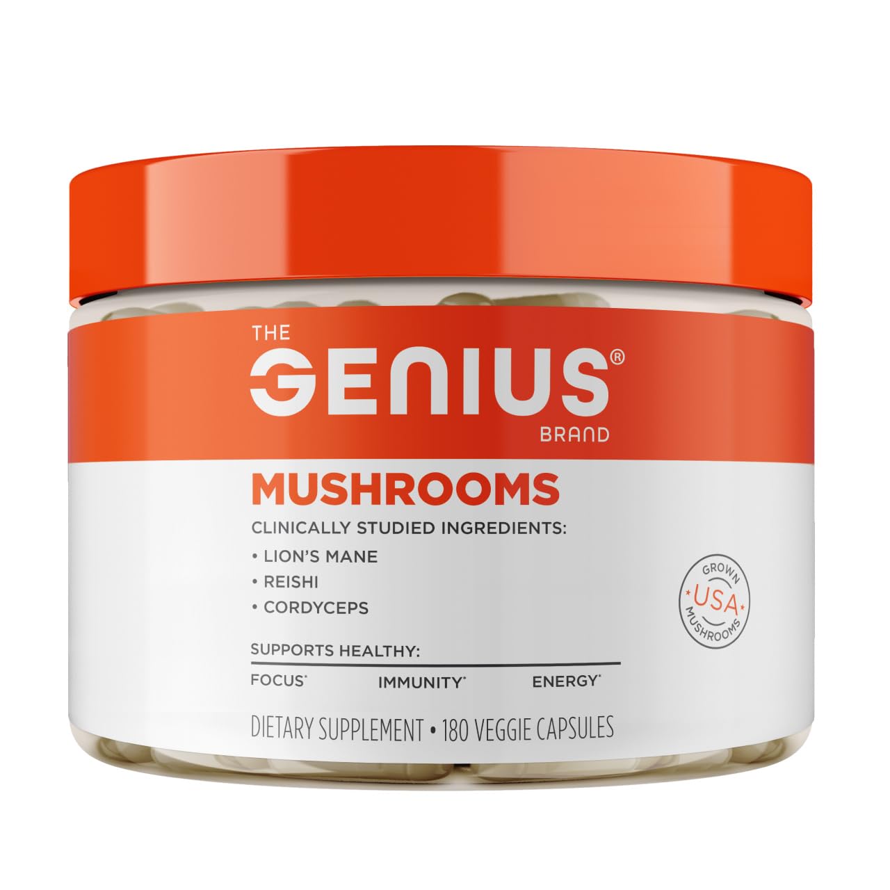 The Genius Mushroom Supplement bottle front for daily focus and mental clarity.