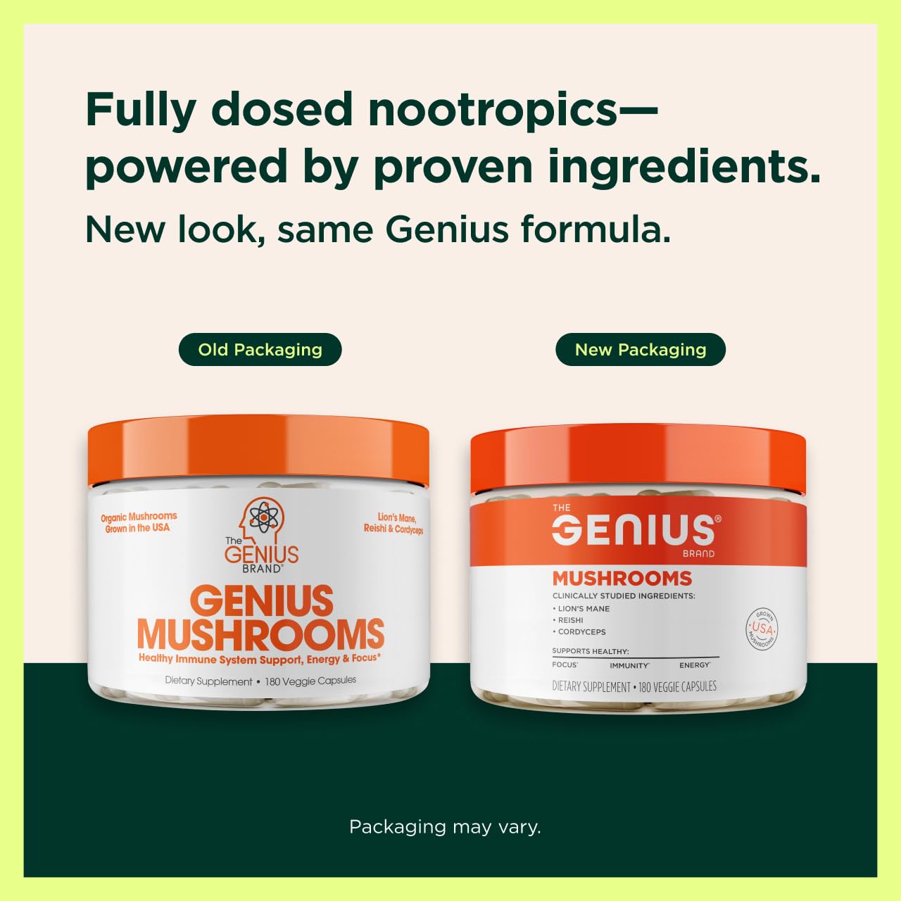 Close-up of Genius Mushroom Supplement capsules for sustained energy and concentration.