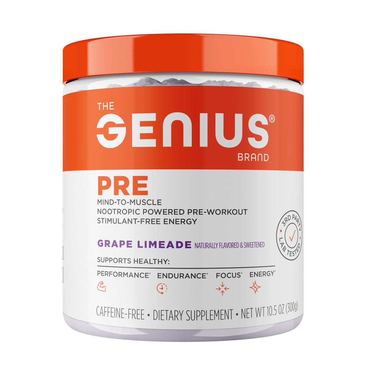 Genius Pre bottle shown for stimulant-free pre-workout energy.