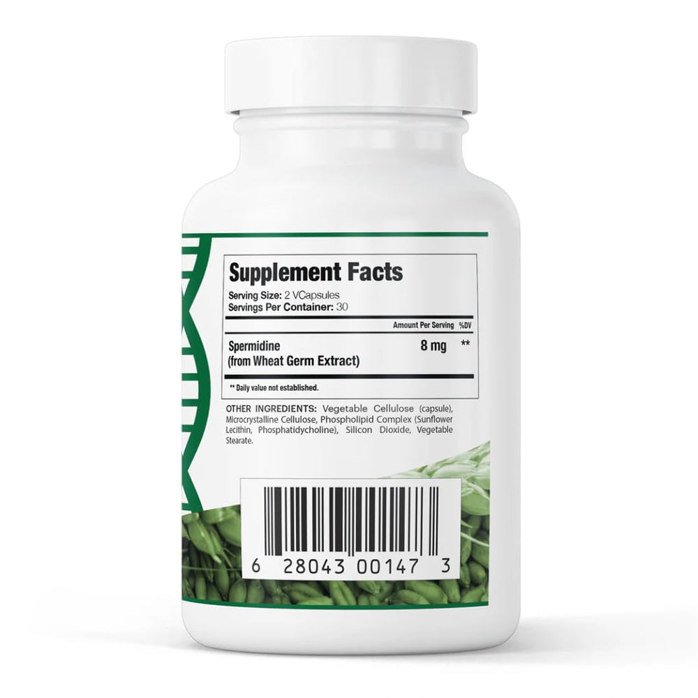 Close-up of GenuinePurity spermidine capsules highlighting cellular renewal potential