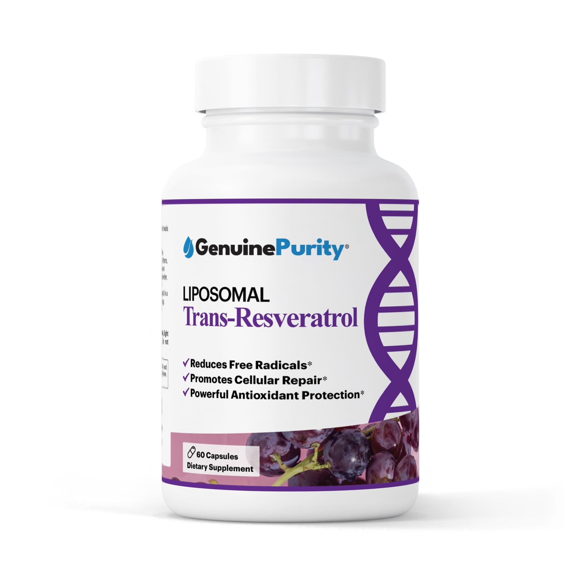 GenuinePurity Liposomal Trans Resveratrol bottle for daily antioxidant support.