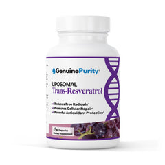 GenuinePurity Liposomal Trans Resveratrol bottle for daily antioxidant support.