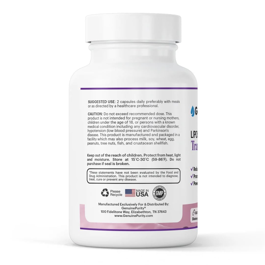 GenuinePurity Liposomal Trans Resveratrol capsules ready for everyday vitality.