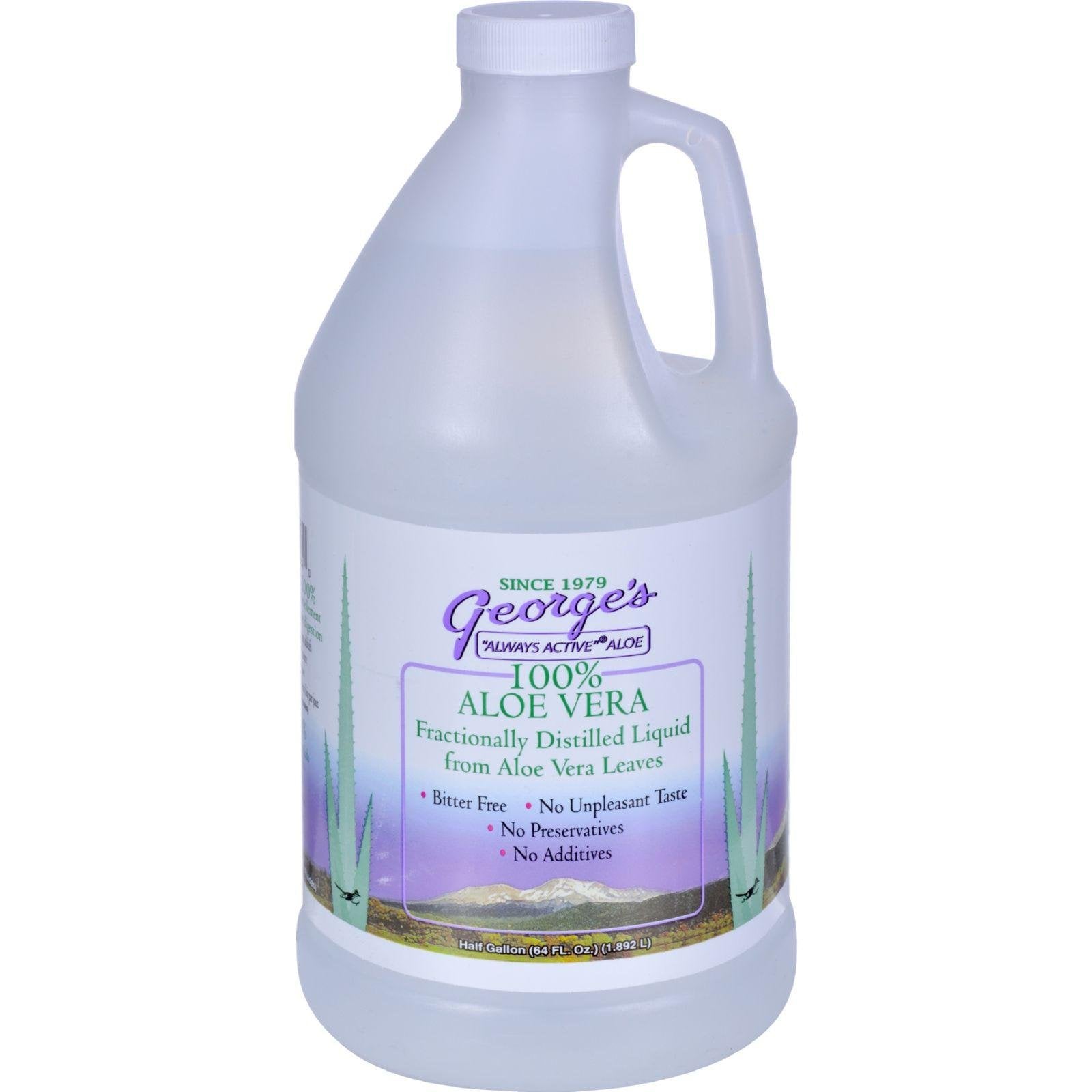 Close-up of Georges Aloe Vera Drink label highlighting origin and 64 oz size