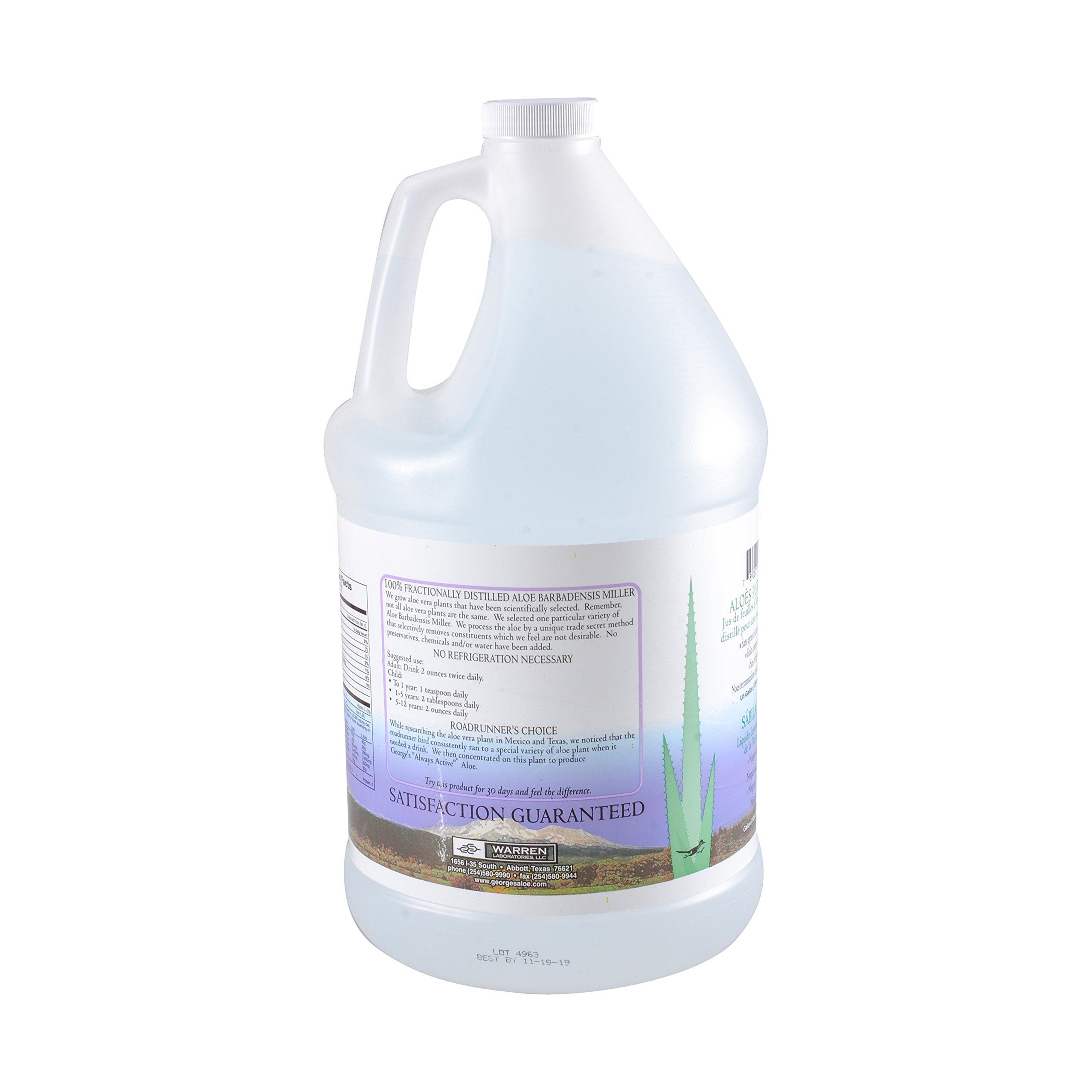George's Aloe Vera liquid label close-up—high-purity, distillation details.