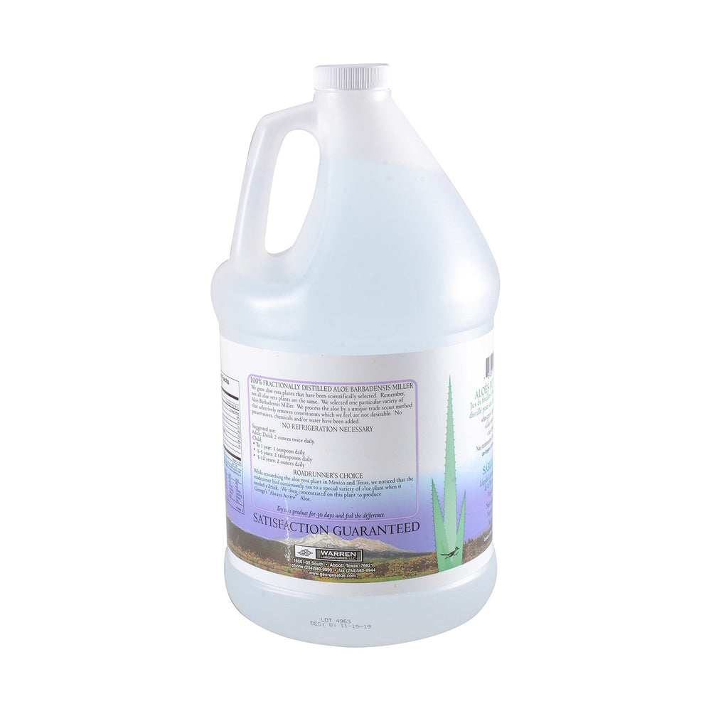 George's Aloe Vera liquid label close-up—high-purity, distillation details.