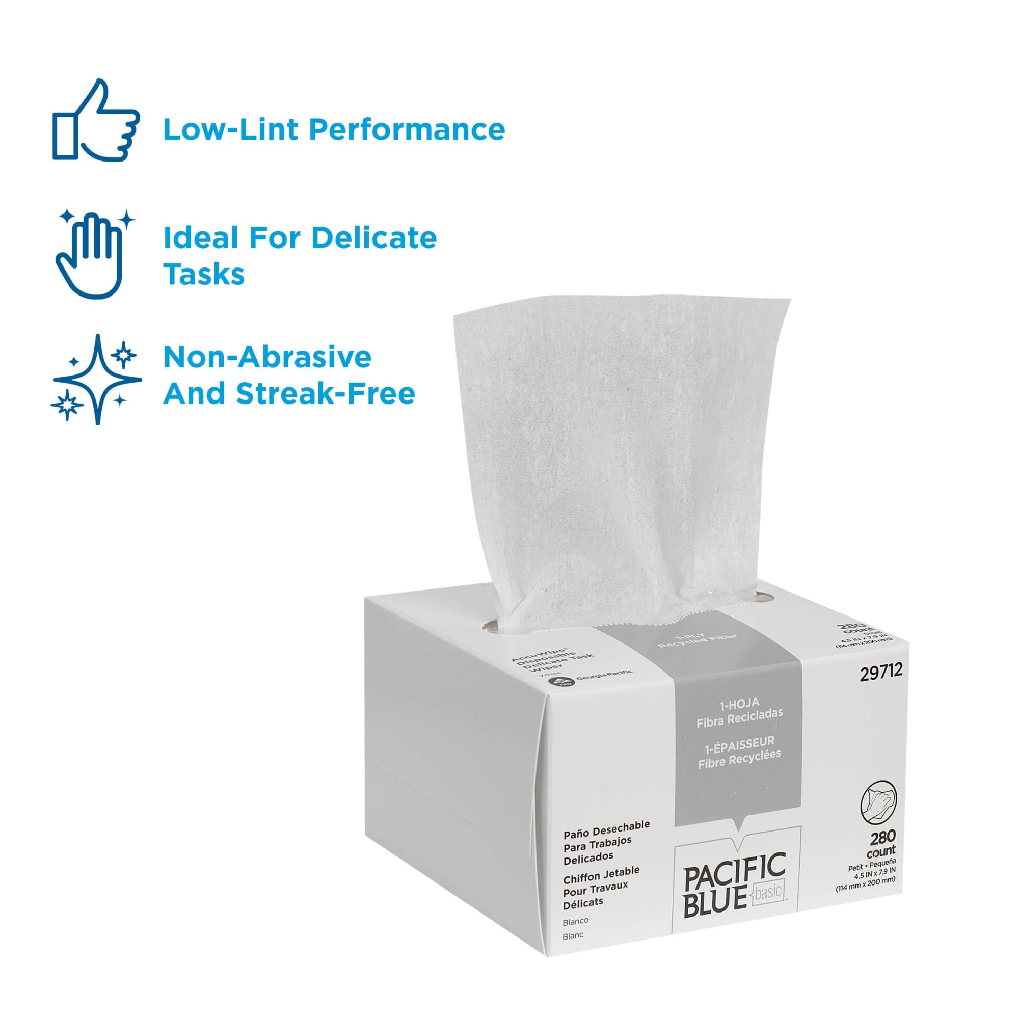 Georgia-Pacific AccuWipe recycled fiber white wipes emphasize eco-friendly disposal.