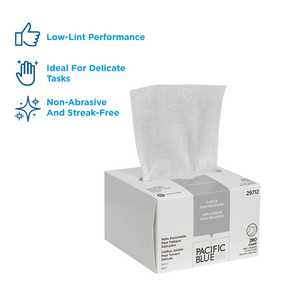 Georgia-Pacific AccuWipe recycled fiber white wipes emphasize eco-friendly disposal.