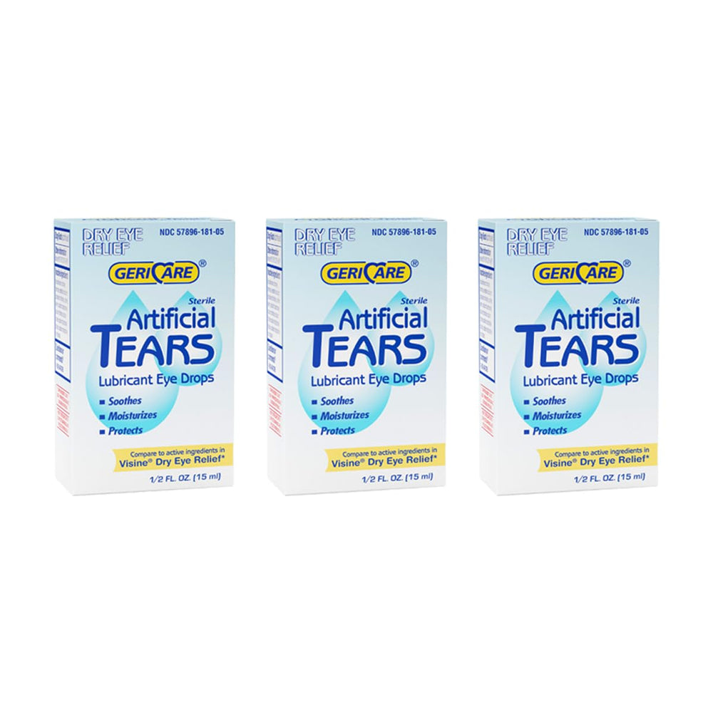 GeriCare artificial tears bottle 15ml for all-day eye moisture.