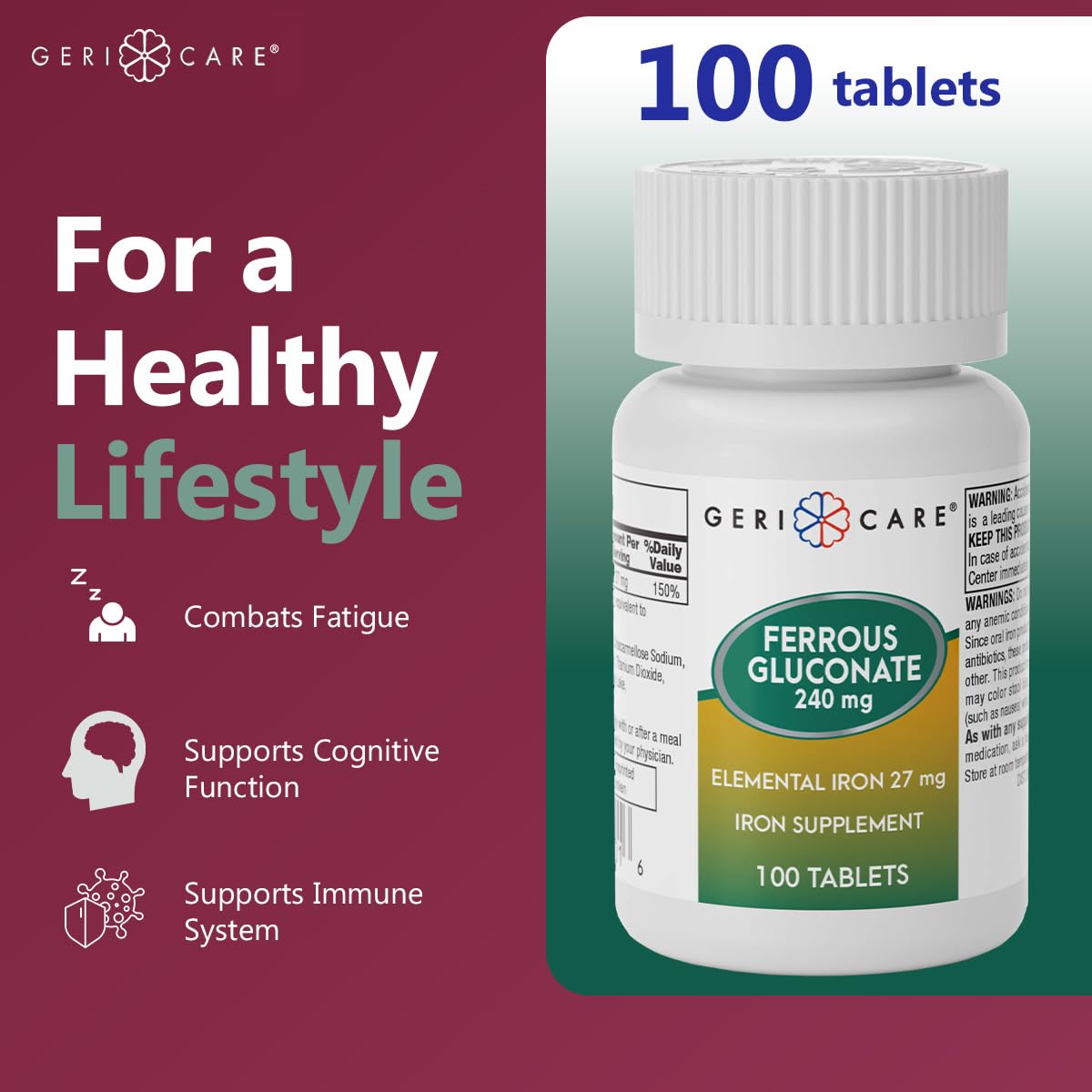 Gericare bottle with tablets open for convenient use.