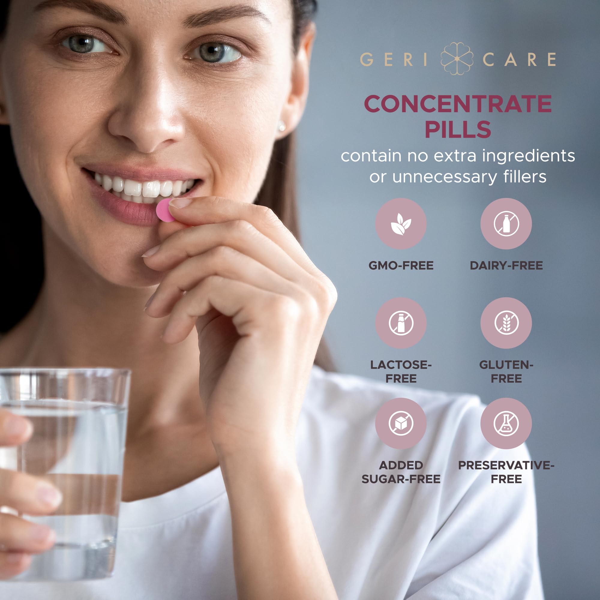 GeriCare daily intake with water demonstrates convenient routine.
