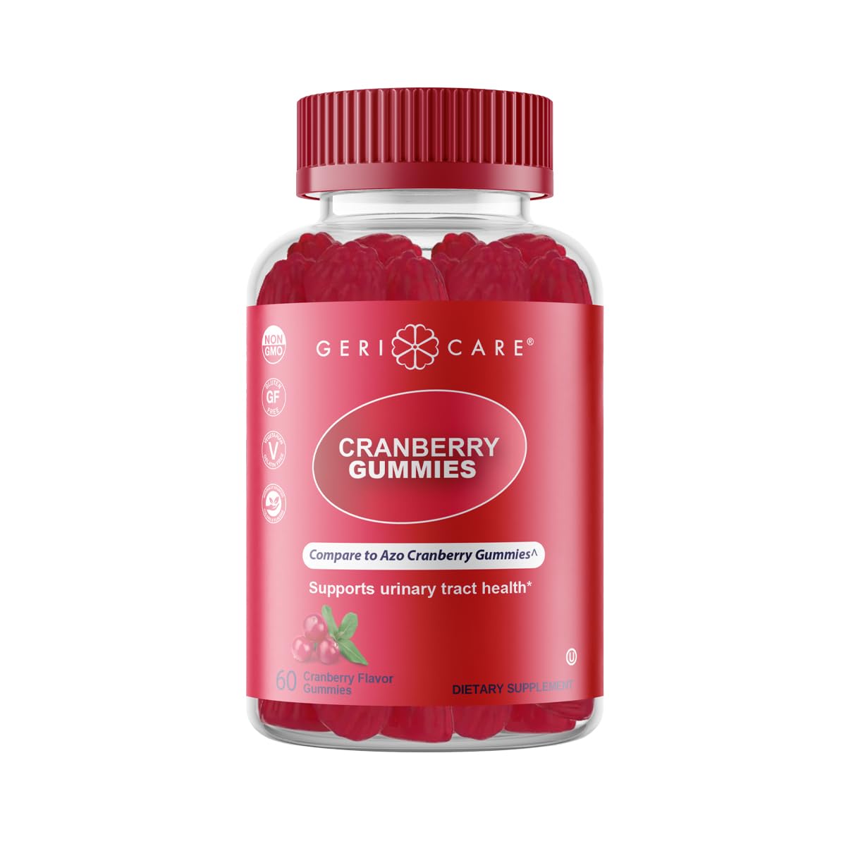 GeriCare Cranberry Gummies bottle for convenient daily urinary health support.