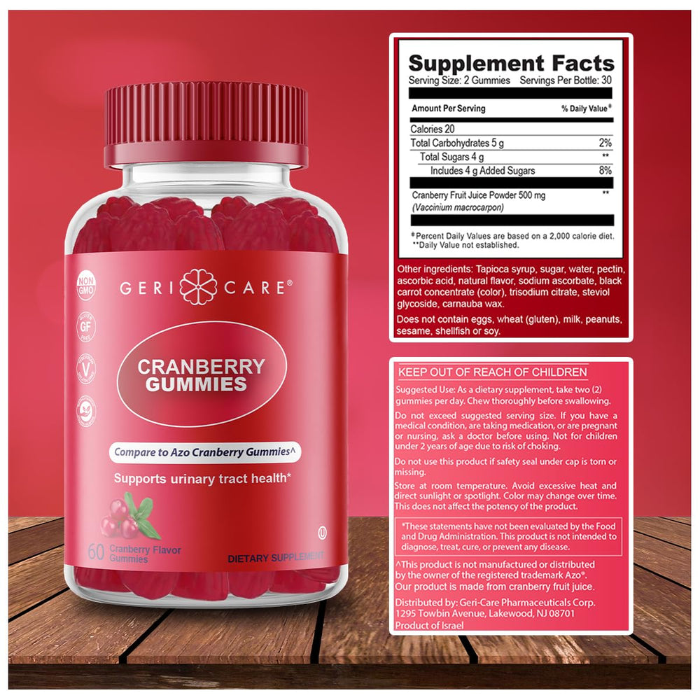 Close-up of GeriCare Cranberry Gummies for antioxidant and immune support.