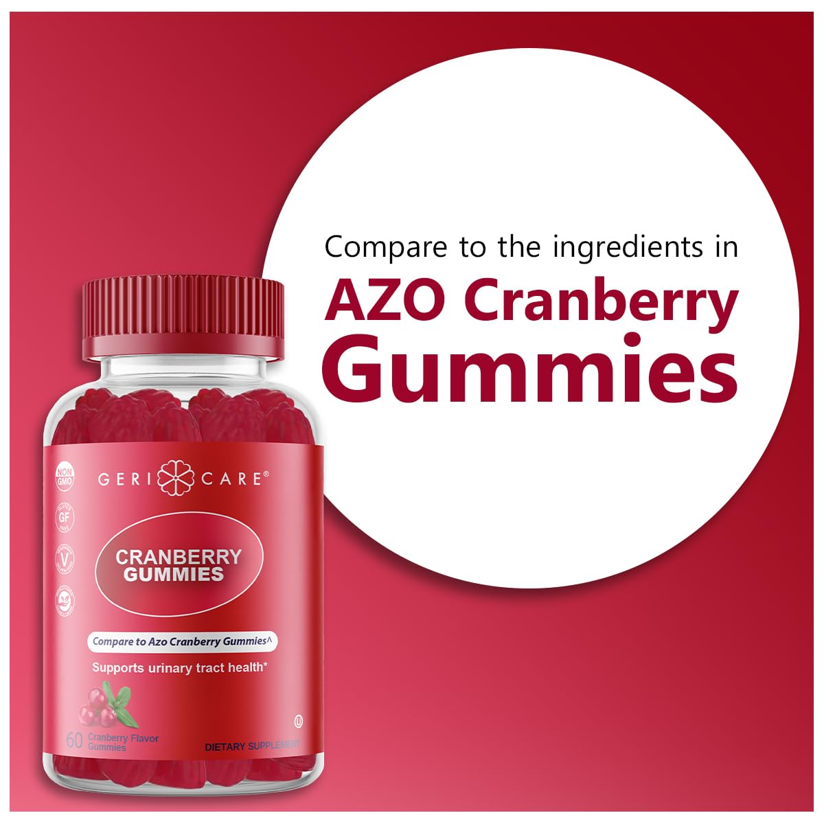 GeriCare Cranberry Gummies jar highlighting tasty, easy-to-take bladder health support.